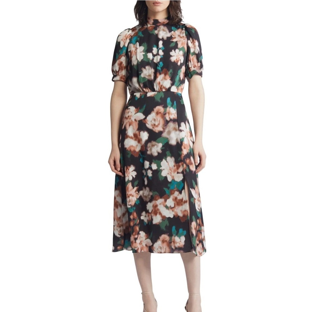 Julia Jordan Size 12 Dark Floral Midi Dress Short Sleeve Fall Wedding Guest Chic